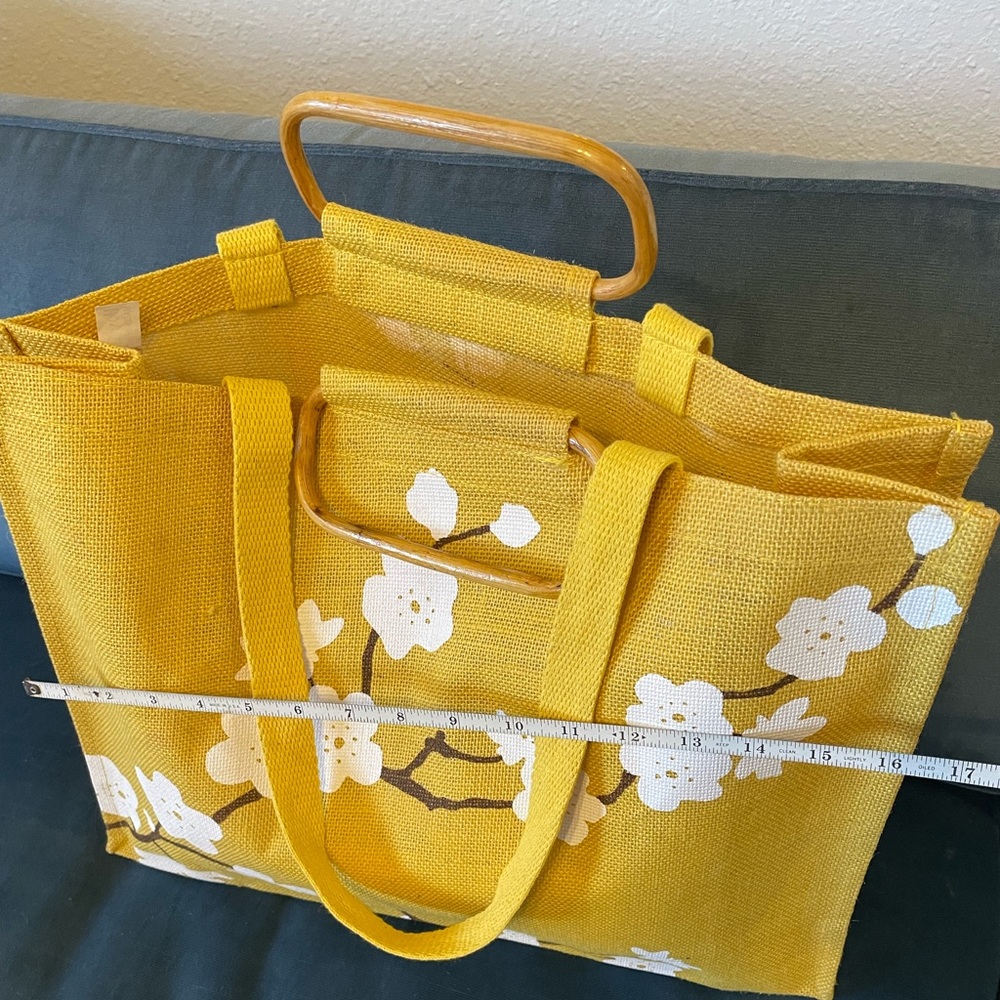 Yellow burlap tote with cherry blossom design New without tags
